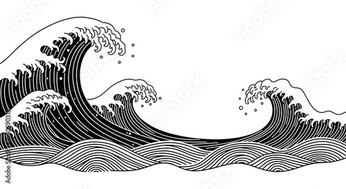 Japanese Great Wave Traditional Black and White Vector
