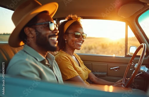 Fototapeta Naklejka Na Ścianę i Meble -  Black couple driving classic car, enjoying road trip. Woman, man wear sunglasses, smiling at sunset in countryside. Friends traveling on vacation together with happiness, enjoying life, freedom,