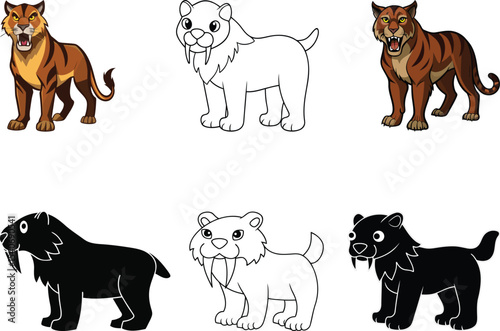 High quality vector collection of saber toothed cat, Colorful Vector icon of saber toothed cat, Silhouette and line art vector design animals of saber toothed cat