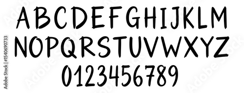 Hand drawn style font, alphabet with numbers set, vector design on isolated background.