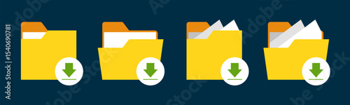 Close and open folders documents icons vector illustration set. In full color version. Folders with save or download icons and symbols.