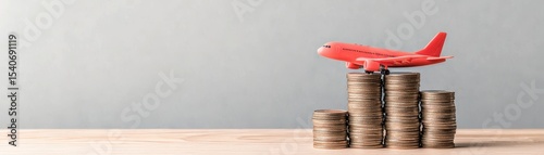 Model Airplane Sits on Stack of Coins Symbolizing Financial Growth and Investment in Travel Industry, Showcasing Dreams of Adventure and Exploration