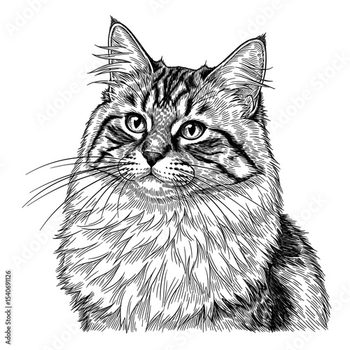 Detailed ink drawing of a majestic Maine Coon cat, showcasing its thick fur and intense gaze.
