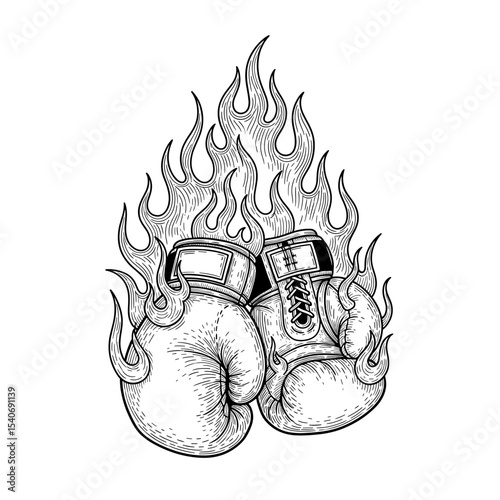 A detailed illustration of boxing gloves engulfed in stylized flames.