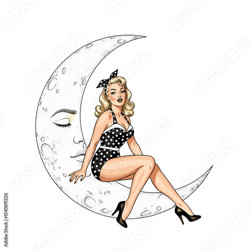 A pin-up girl in a polka dot swimsuit sits on a crescent moon, a retro-style illustration.
