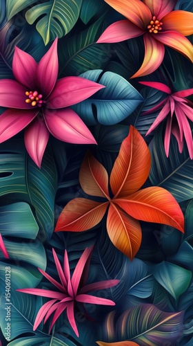 Flowers and foliage background. Tropical leaves and colorful flowers on foliage nature background.