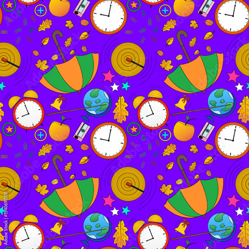 Seamless pattern with autumn elements, alarm and wall clocks, globes, umbrellas, apples and paper clips on purple background. For back to school theme, supplies or stationery design, wrapping paper.