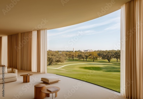 Modern Living Room with Arched Windows and Elegant Curtains Overlooking Serene Landscape and Lush Greenery