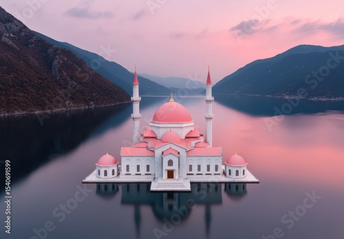 Stunning Mosque on the Coast of Antalya, Turkey, Surrounded by Serene Waters and Majestic Mountains at Dusk