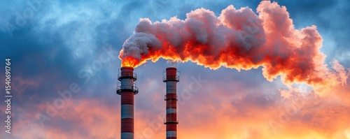 Colorful Panoramic View of Modern Chemical Processing Plant with Smokestacks Emitting Pollution Under Dramatic Sky at Sunset