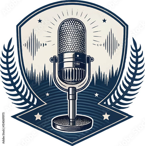 Retro microphone vector icon with wireless audio and communication symbols 