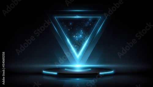 Futuristic triangle podium with glowing blue light effect
