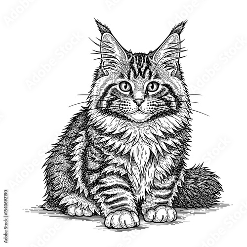 A detailed pen-and-ink drawing of a young Maine Coon cat, sitting and gazing directly at the viewer.