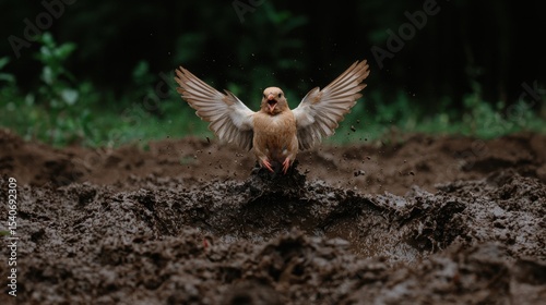 A Bird Covered in Mud Flies from a Muddy Ground Surrounded by Greenery in a Forest Scene