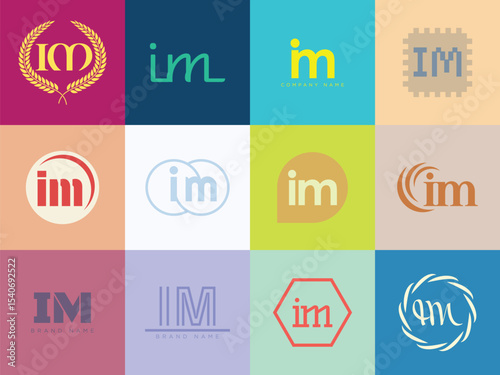 IM logo company template. Letter i and m logotype. Set different classic serif lettering and modern bold text with design elements. Initial font typography.