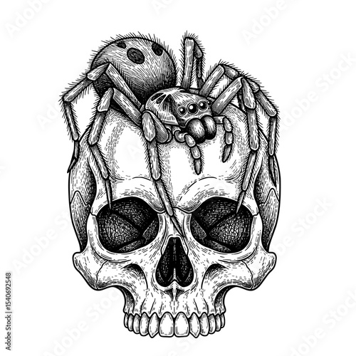 A detailed black and white illustration of a skull with a large spider on top.