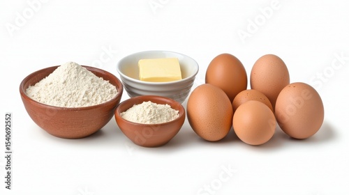 Ingredients for Making Sweet Dough Including Flour, Butter, and Eggs in a Clean and Minimalistic Setting