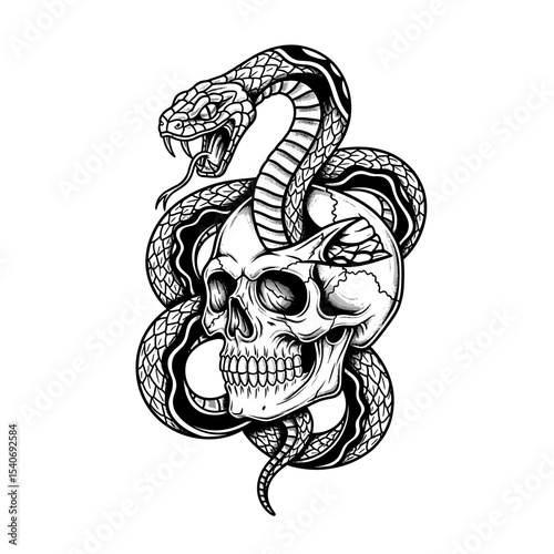 A menacing snake coiled around a human skull, detailed in black and white ink.
