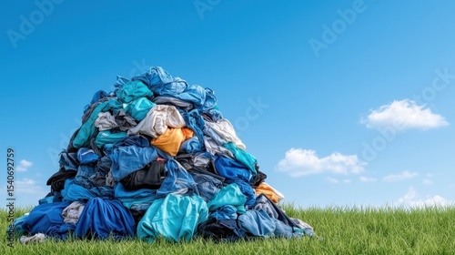 Pile of Discarded Clothing at Waste Dump Under Clear Blue Sky with Grass in Foreground Depicting Environmental Concerns and Textile Waste Management
