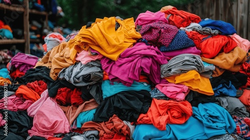 Pile of Discarded Clothing at a Waste Dump Highlighting Textile Waste Burden and Environmental Concerns in Urban Areas