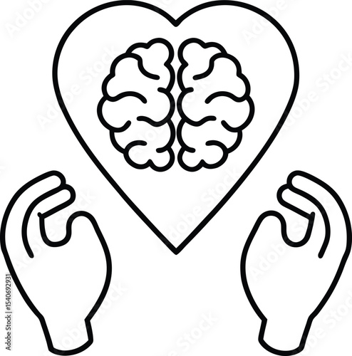 Heart and Brain Connected by Hands for Emotional Balance vector Line art illustration