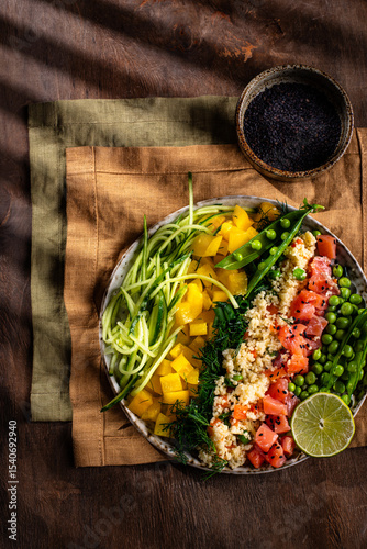 Healthy bowl with salmon and vegetables