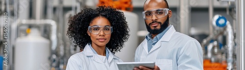 Portrait of an Industrial Man and Woman Engineer in a Modern Factory Environment with Safety Gear and Tablet, Capturing Innovation and Teamwork