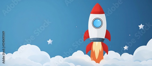 Rocket launching from clouds in starry sky, business startup concept
