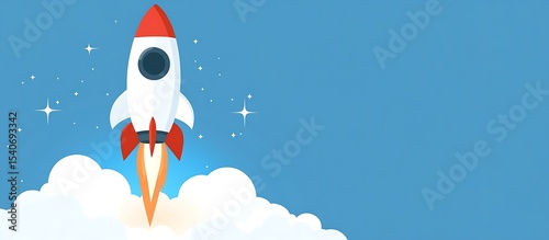 Rocket launching leaving clouds and entering space with stars