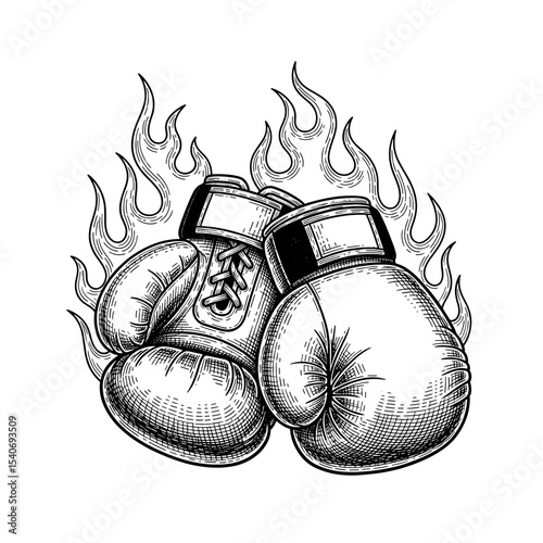 Fiery boxing gloves, vintage style, hand-drawn illustration.