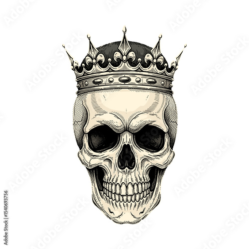 Skull wearing a detailed crown, depicted in a stylized, slightly sinister illustration.