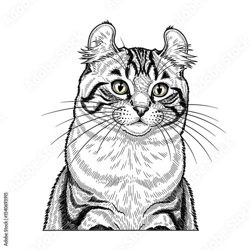 Detailed black and white illustration of an American Curl cat, looking forward.