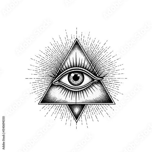 Detailed illustration of an eye inside a triangle with radiating lines, presented in black and white.