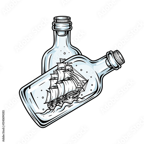 Two glass bottles, intricately designed, each containing a sailing ship, creating a vintage nautical theme.