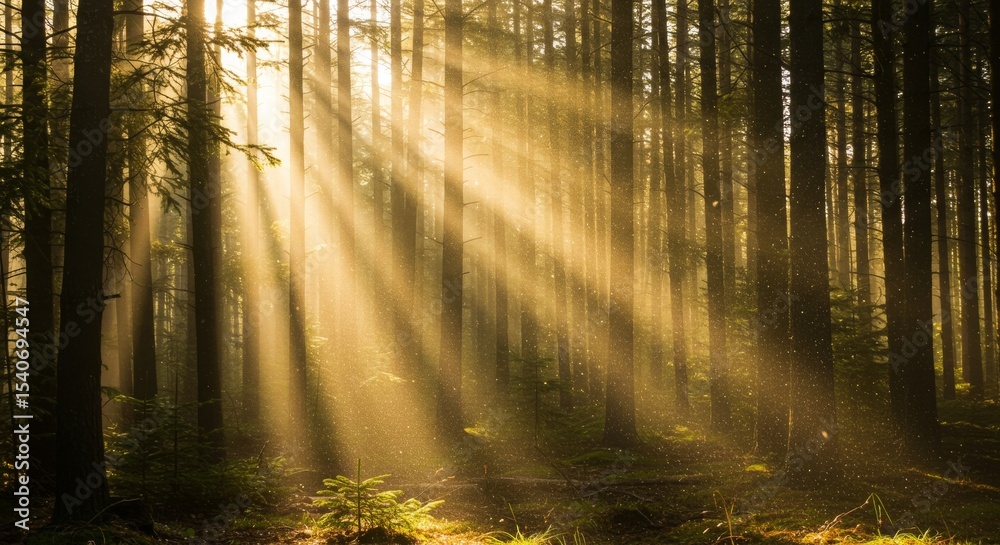 Naklejka premium Sunlight Filtering Through Forest Trees with Subtle Dust Particles Floating in the Air