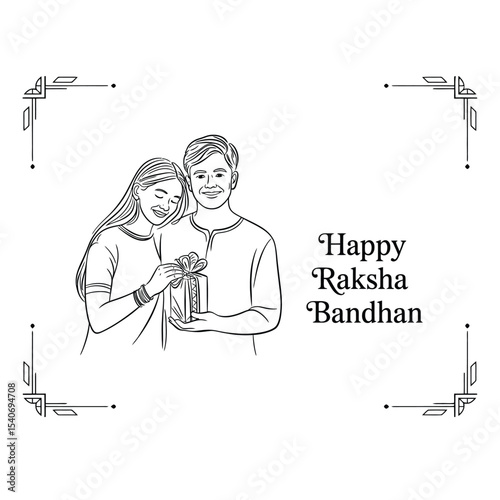 a minimalist line art illustration of a sister tying rakhi on her brother’s wrist with gift in hand