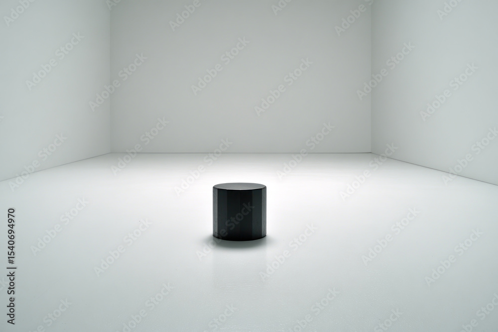Fototapeta premium A black cylindrical object sits alone on a reflective white floor in a spacious, minimalist gallery setting