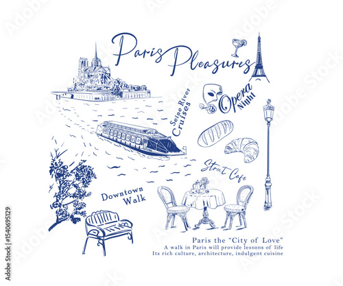 Paris travel hand drawn vector art, Things to do in Paris poster design, European summer vacation artwork for t shirt, wall art, graphic print
