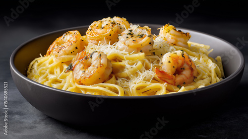 A bowl of creamy shrimp scampi tossed with al dente linguine, buttery garlic sauce, lemon zest, and Parmesan