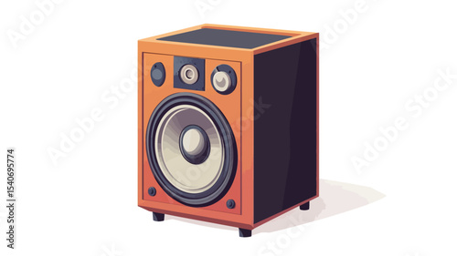 A digital illustration of a retro-style orange stereo speaker. The speaker is a rectangular box shape with a large circular woofer and smaller tweeter visible on the front. The top of the speaker