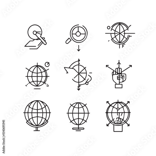 Collection of Black and White Line Art Icons Representing Global Concepts
