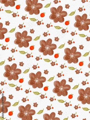 Fototapeta Naklejka Na Ścianę i Meble -  Seamless pattern of watercolor brown flowers with green leaves and red berries on white textured background. Perfect for fabric, wrapping paper, wallpaper, and decorative projects