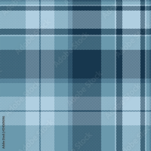 Blue plaid pixel pattern. A seamless digital design, useful for background, fashion, textiles, apparel, or web design. Versatile retro aesthetic.