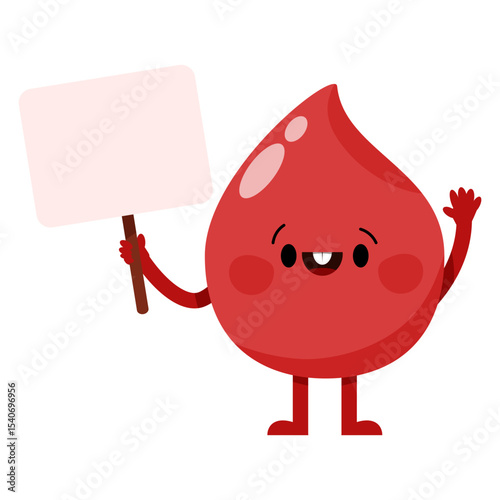 Cute character blood drop holds a sign in his hand