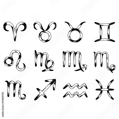 a mystical black and white line art pack featuring the 12 zodiac astrology symbols