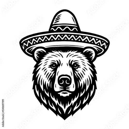 Bear Head with Sombrero Vector Illustration