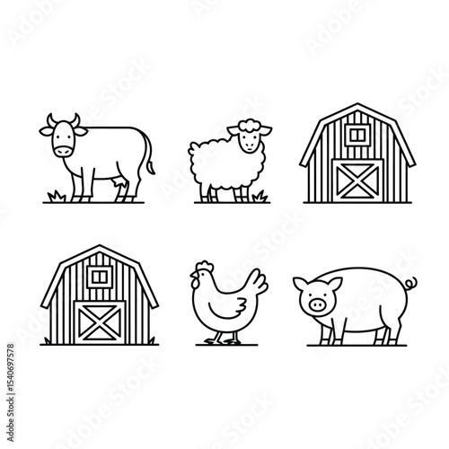 Farm animals line pack featuring cow, sheep, chicken and pig with barn elements in black and white