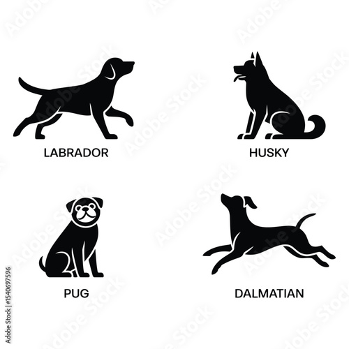 Dog breed silhouette set featuring labrador, husky, pug and dalmatian in black and white