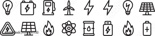 Fifteen Black and White Line Art Energy Icons Set vector