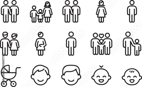 Fifteen Minimalist Black Line Art Family Icons Set